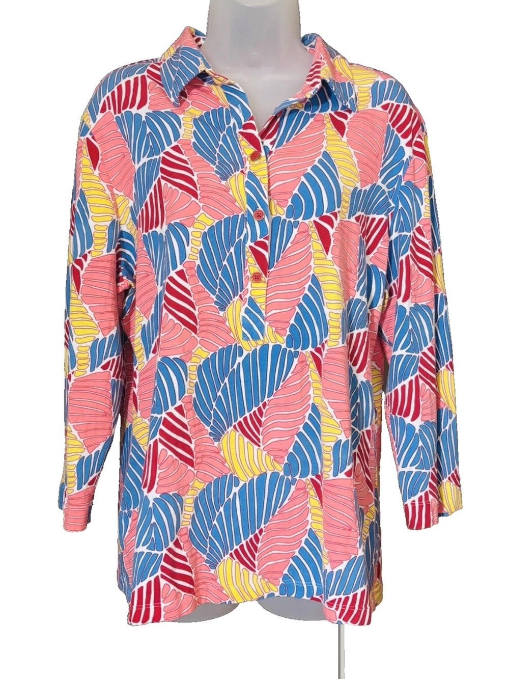 J McLaughlin Polo Style Top Size XL Colorful Leaf Print Cotton Blend 3/4 Sleeve
